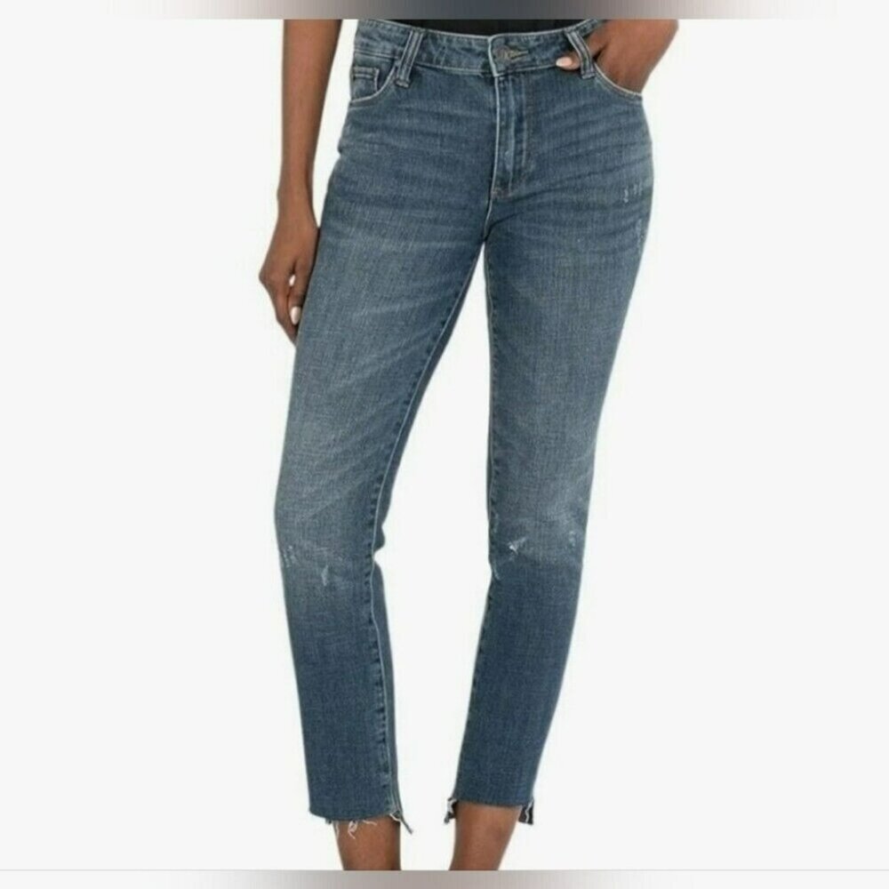 KUT from the Kloth Blue Reese Ankle Straight Leg Jeans Distressed Hem Size 6P